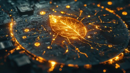 Glowing leaf graphic integrated in circuit board, creating a tech-nature fusion