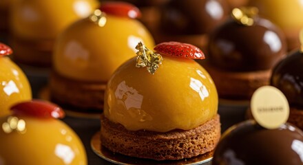 Close-up of Gourmet Pastries with Glaze and Strawberry Topping
