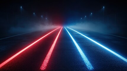 Obraz premium Glowing road lines, red and blue, light posts under a dark misty night atmosphere