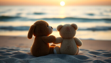 Two plush stuffed animals teddy bear and dog friendship with Love