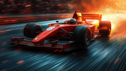Fototapeta premium Red Formula 1 race car speeding on track with flames and motion blur