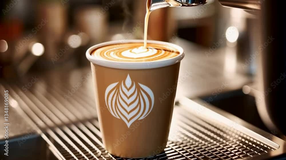 Poster close-up video shot of a latte being crafted, showcasing intricate latte art. warm lighting and a sh