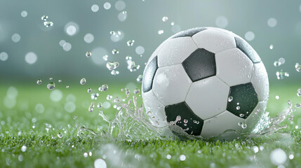 Fototapeta premium Soccer ball splashing water on wet field, intense game or rainy training moment