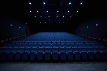 empty auditorium with blue seats and spotlights