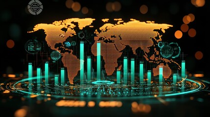 Glowing world map with data bars and circuitry