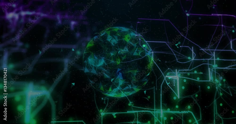 Aufkleber animation of geometric globe with neon lines and digital network background