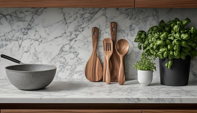 Stylish kitchen setting featuring wooden cooking utensils, herbs in pots, and a grey speckled pan on a marble countertop.  Perfect for cooking, food blogs, or home decor.