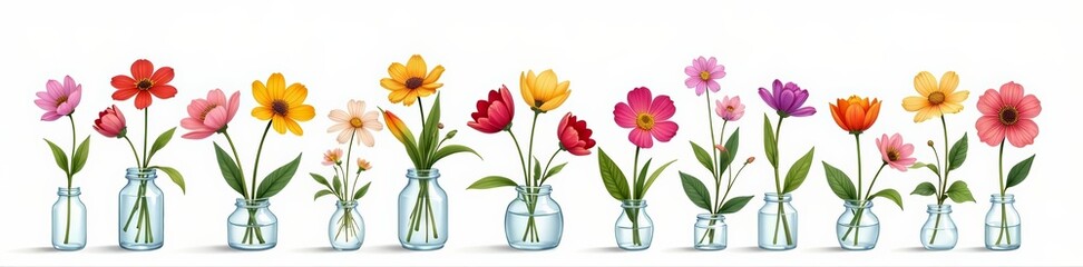 A beautiful illustration of a variety of spring flowers in a clear glass jar on a white background, jar, nature