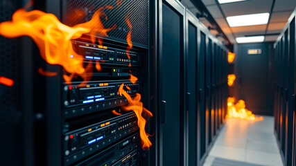 Flames engulf server racks in a data center, symbolizing a critical system failure and potential data loss in a technology crisis.
