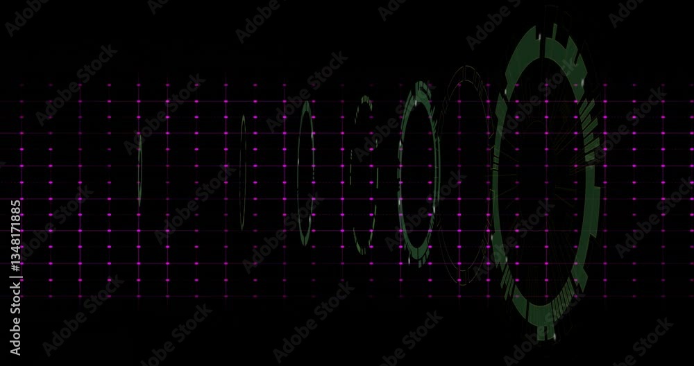 Poster digital grid pattern with pink waveform and circular elements on dark background