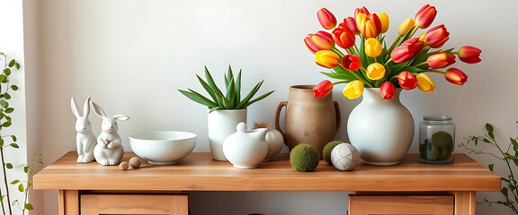  Easter living room interior  with spring-themed decor. Include ceramic bunny figurines, elegant ceramic bowls, and a rustic vase overflowing with fresh red and yellow tulips. Home decor template. 