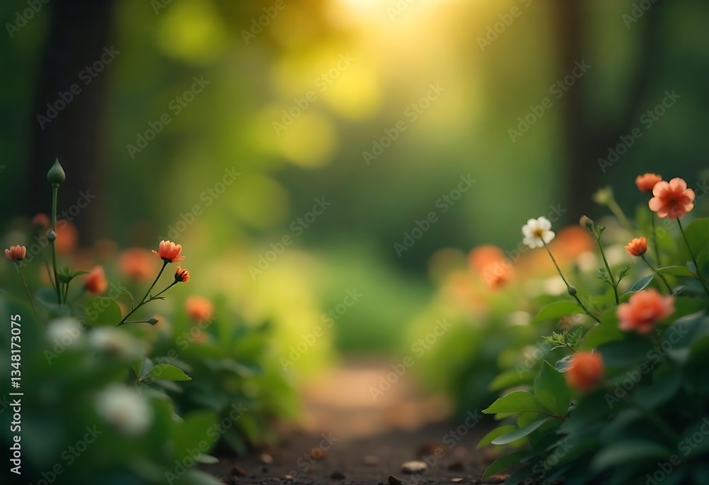 Poster generative ai beautiful garden path with wildflowers in full bloom, bathed in soft sunlight, creatin