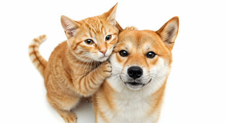 Playful Orange Tabby Cat and Shiba Inu dog