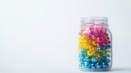 A transparent glass jar filled with colorful beads candies and jelly beans