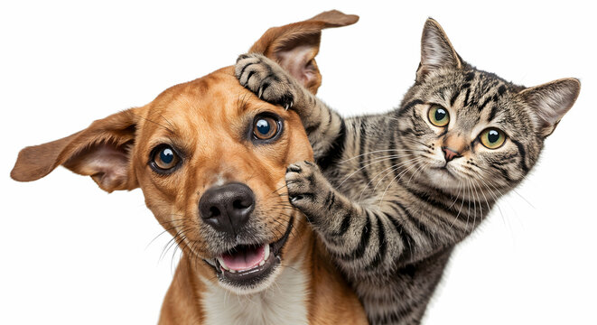 Playful Tabby cat and Dog