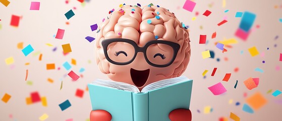 A fun, cartoon brain with glasses, eagerly reading a book surrounded by colorful confetti, representing a celebration of learning and imagination