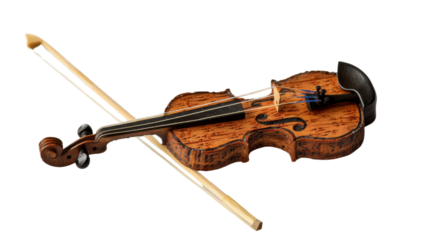 Miniature violin and bow isolated on transparent background