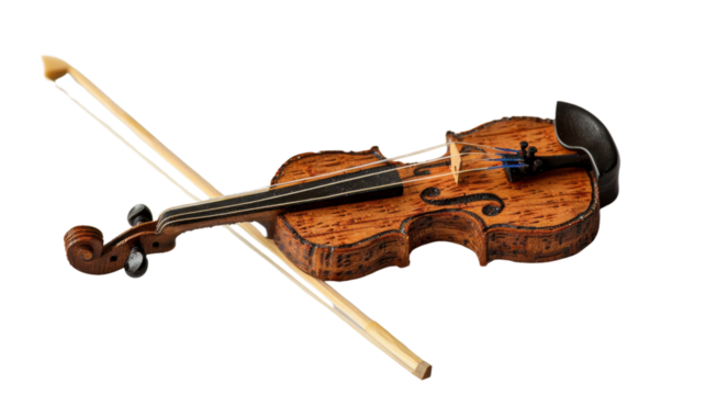 Miniature violin and bow isolated on transparent background