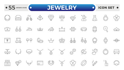 Jewelry icon set. Simple Set of Jewelry Related Vector Line Icons. Contains such Icons as Earrings, Body Crosses, and Engagement rings. Editable stroke outline icon. 