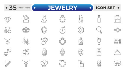 Jewelry icon set. Simple Set of Jewelry Related Vector Line Icons. Contains such Icons as Earrings, Body Crosses, and Engagement rings. Editable stroke outline icon. 