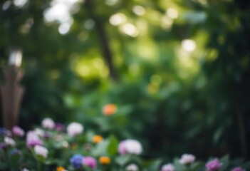 Generative AI Captivating Blurred Garden Scene with Blooming Flowers