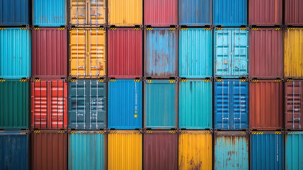 Fototapeta premium Stacked shipping containers at a busy port, global trad