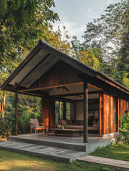 Old wooden house in the woods with a garden surrounded by trees and nature, featuring a traditional cottage design and a peaceful village landscape