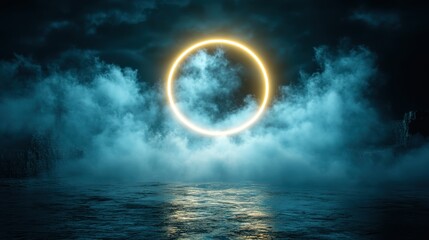 Neon Circle Over Misty Water