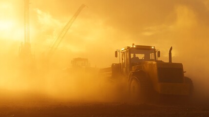 Fototapeta premium Heavy Machinery in Action: Construction Site at Golden Hour with Dust