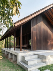 Old wooden house in the woods surrounded by nature and grass, a rustic cottage with a traditional design in a rural landscape