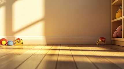 Sunlight streams into a child's room, illuminating wooden floors and toys
