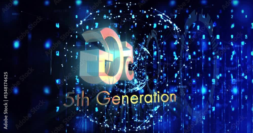 Poster digital network and data processing animation with 5th generation text in center