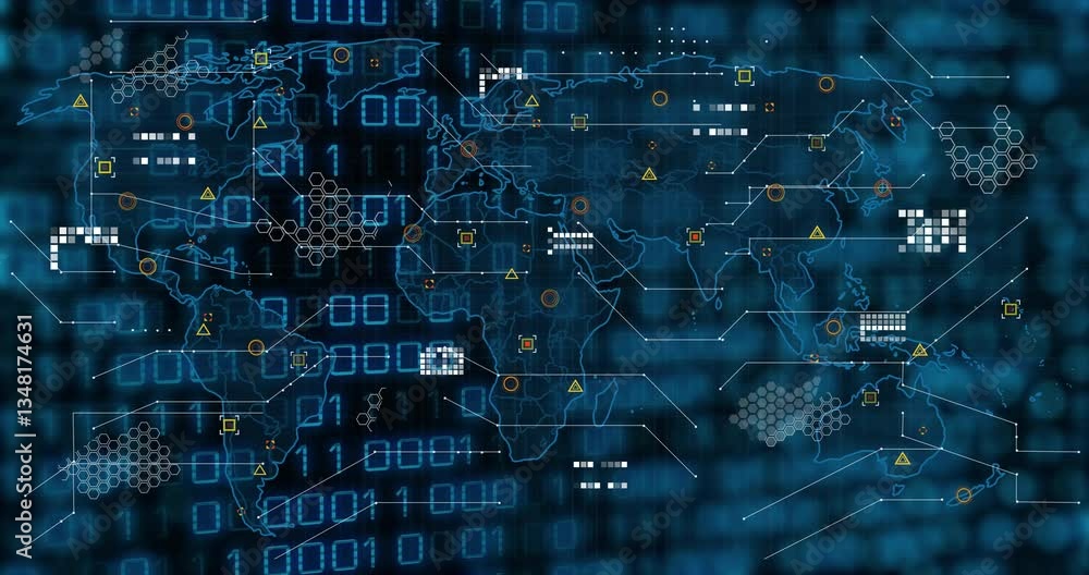Poster animation showing world map with digital data and network connections in school