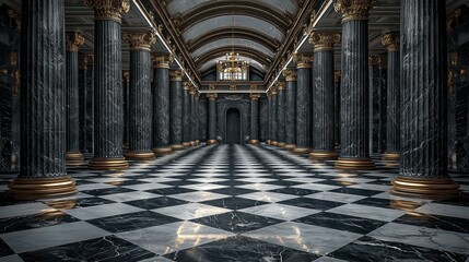 Grand hall with black marble columns, checkerboard floor, and ornate chandelier
