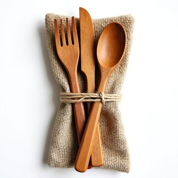 Eco-friendly wooden cutlery set tied with string on sackcloth. Sustainable, reusable kitchen utensils. Zero waste, eco-conscious lifestyle. Rustic decor, earthy tones. Table setting, dining tools.