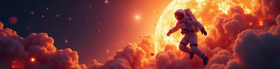 Naklejka premium Astronaut in space suit floating amidst cosmic explosion with debris, galaxy, floating, space