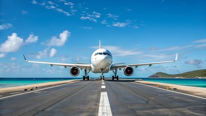 Naklejka premium Jet's Runway Arrival: A modern passenger jet prepares to land on a runway with the breathtaking backdrop of a vibrant sky and azure sea, symbolizing the ease of travel and the allure of destination.