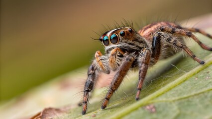 Fototapeta premium Tiny Explorer: A close-up shot showcases a captivating jumping spider with detailed eyes resting gracefully on a vibrant leaf, highlighting its intricate features.