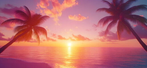 Breathtaking Tropical Sunset Over Calm Ocean with Silhouetted Palm Trees and Vibrant Skies of Colors and Reflections near the Horizon Line. , Landscape of Natural Beauty.