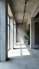 Spacious concrete interior with neutral grey color palette, urban loft style aesthetic, style, loft, contemporary
