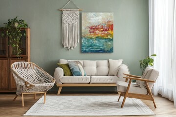 A living room featuring modern furniture and abstract wall art