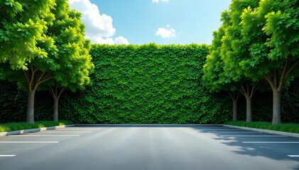 Fototapeta premium Spacious parking lot surrounded by lush tree wall in urban setting, wall, transportation