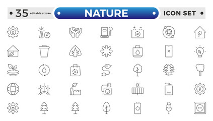 Nature icon set. Containing recycling, plant, nature, eco, earth, green energy, trees, ecology and more. Editable stroke outline icon. 