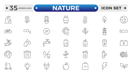 Nature icon set. Containing recycling, plant, nature, eco, earth, green energy, trees, ecology and more. Editable stroke outline icon. 