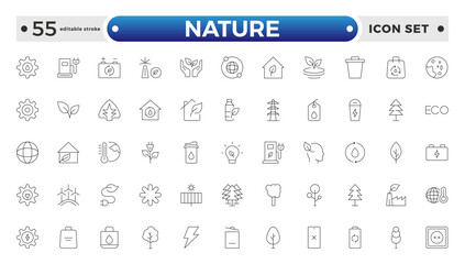 Nature icon set. Containing recycling, plant, nature, eco, earth, green energy, trees, ecology and more. Editable stroke outline icon. 