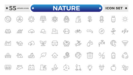 Nature icon set. Containing recycling, plant, nature, eco, earth, green energy, trees, ecology and more. Editable stroke outline icon. 