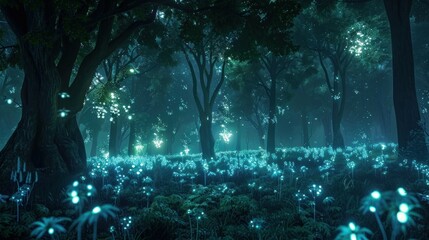 A digitally generated image of a forest with glowing bioluminescent plants.