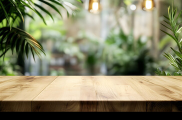 Wooden Tabletop Surrounded By Lush Greenery In A Natural Light Setting