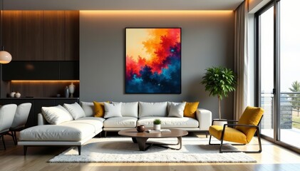 Stylish minimalist living room with sleek furniture and abstract artwork, contemporary, luxury