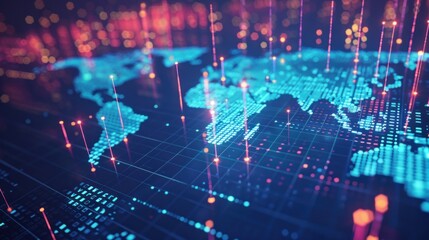 A digitally generated image of a world map with floating data points.